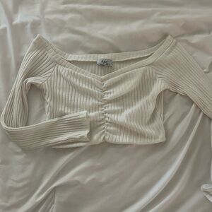 Off-Shoulder Ruched Ribbed Long-Sleeve Top — Cream